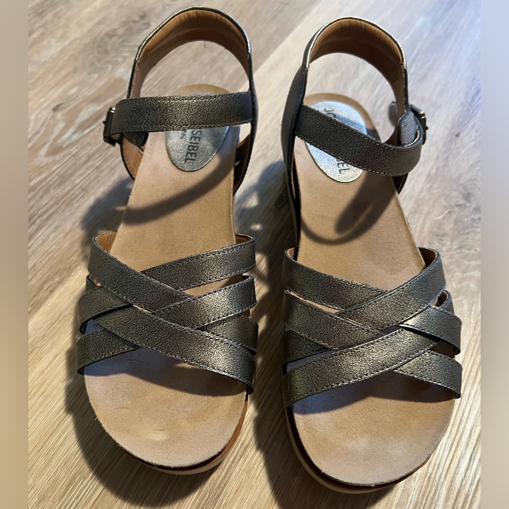 Josef Seibel Clea 14 Sandals Silver Platin Leather Cork Footbed Women Sz EUR 39